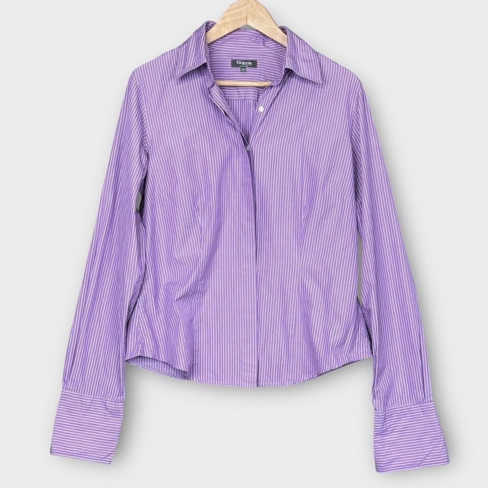 TM Lewin Woman Purple Pinstripe Cotton‎ Button Down Shirt French Cuff Size 14